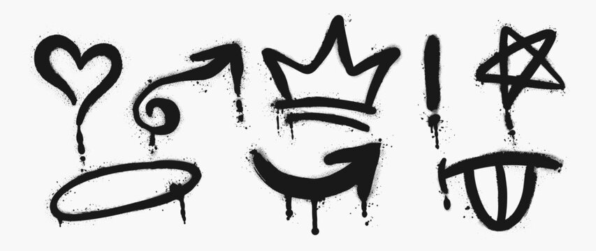 Set of black graffiti spray pattern. Collection of symbols, heart, crown, arrows and star with spray texture. Elements on white background for banner, decoration, street art and ads.