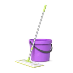 Fotobehang Realistic 3d rag mop and plastic bucket, floor cleaning equipment. Sponge broom and pail. House cleanup tools and wet floor vector concept © Tartila