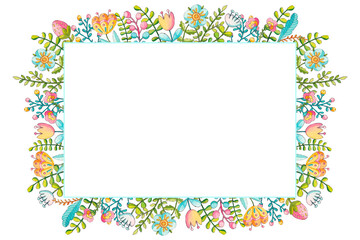A frame made of spring Easter elements. Watercolor illustration on a white background.