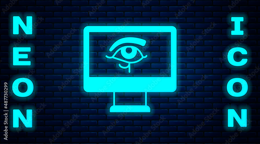 Sticker Glowing neon Eye of Horus on monitor icon isolated on brick wall background. Ancient Egyptian goddess Wedjet symbol of protection, royal power and good health. Vector