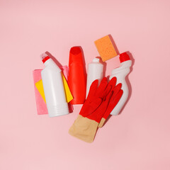 Cleaning product plastic container for house clean on pink pastel background, antibacterial antivirus sanitary treatments, concept of domectic cleaning service, copy space, manner, adds