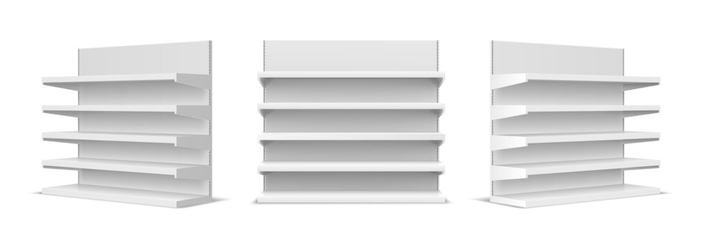 White empty store shelf rack mockup front and perspective view. Realistic supermarket stand, bookcase, shop product exhibition vector set