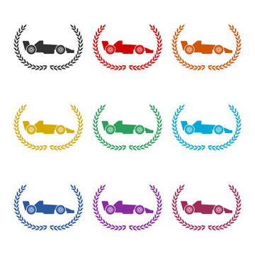 Formula 1 racing car icon or logo, color set