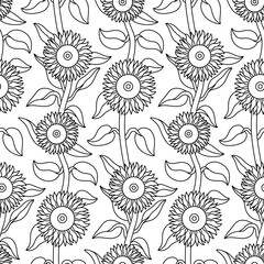 Fototapeta premium Black and White Hand Drawn Sunflower Vector Seamless Pattern
