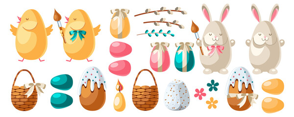 Easter elements collection. Eggs, bunny, chick, basket, easter cake, curd easter, candle, flowers, willow twig in cartoon style.  Set of vector illustrations for postcards, banners and flyers.