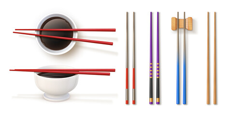 Realistic chopstick designs and bowl with soy sauce. Traditional japanese bamboo utensils. Chopsticks for sushi and asian food vector set