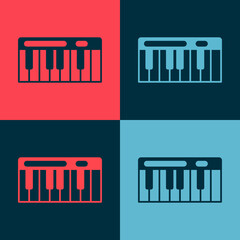 Pop art Music synthesizer icon isolated on color background. Electronic piano. Vector