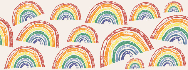 Crayon rainbow paint seamless pattern vector banner. Abstract and positive minimalist background with pastel boho arc. Scandinavian childish color illustration with brush texture. Equality symbol