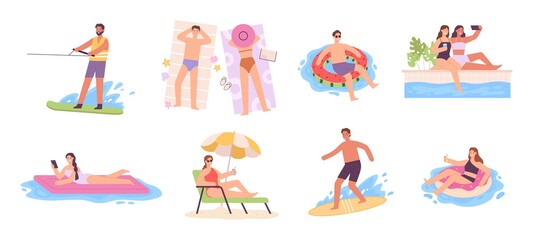 Flat characters enjoying summer, sunbathe on lounger and lay at swim rings. Women in swimming pool. Men surfer. Tourists activity vector set