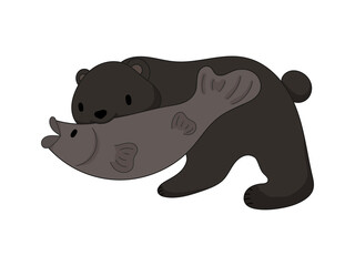 熊が鮭を加えている置き物のイラスト