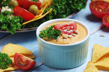 Hummus with vegetables salad and nachos