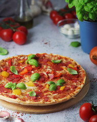 Pizza with salami and basil	
