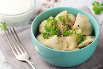 Russian national dish pelmeni served in a plate