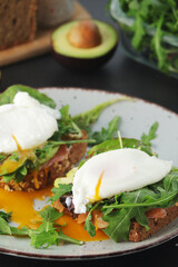 Homemade sandwiches with salmon, avocado and poached eggs	