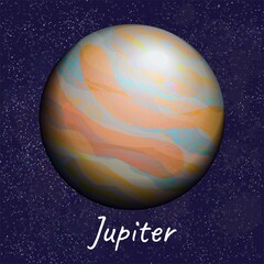 Naklejka premium Colorful orange-blue planet Jupiter on dark blue space background. Vector realistic illustration of cosmic object from solar system, with caption