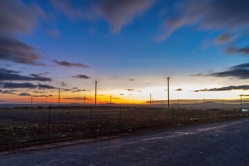 Wind turbine farm and agricultural fields on a summer day. Wind electricity generator in sunset sky, power plant, wind efficiency.