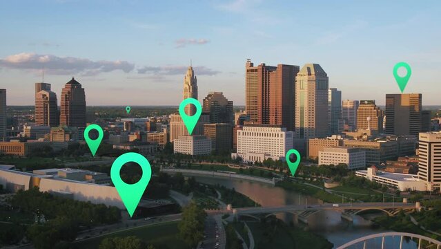 Pin point map markers marking buildings in a city during golden hour - 3D render