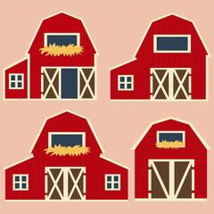 Cute red vector barn with hay. A set of barns.