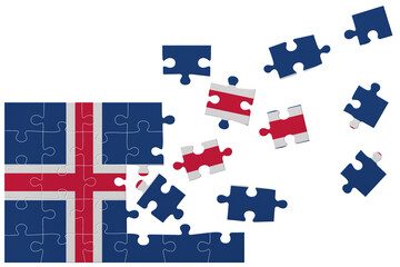 Broken puzzle- game background in colors of national flag. Iceland