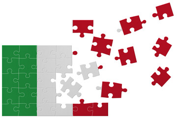 Broken puzzle- game background in colors of national flag. Italy