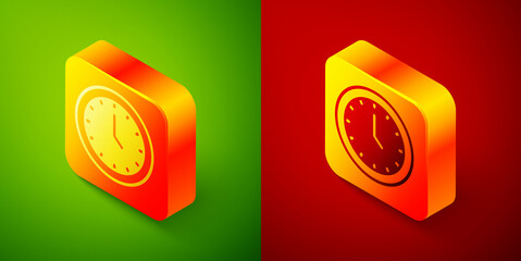 Isometric Clock icon isolated on green and red background. Time symbol. Square button. Vector