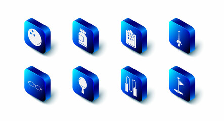 Set Sports nutrition, training program, Fencing, Golf flag, Jump rope, Racket for playing table tennis, Glasses swimming and Bowling ball icon. Vector