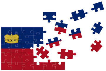 Broken puzzle- game background in colors of national flag. Liechtenstein