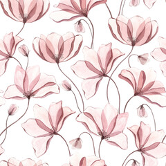 Pastel flowers seamless pattern translucent poppy watercolor anemone spring floral  illustration isolated on white