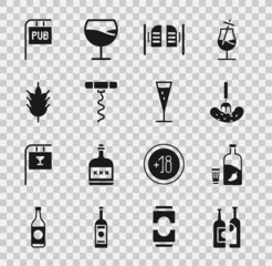 Set Bottles of wine, Vodka with pepper and glass, Pickled cucumber on fork, Saloon door, Wine corkscrew, Hop, Street signboard Pub and Glass champagne icon. Vector