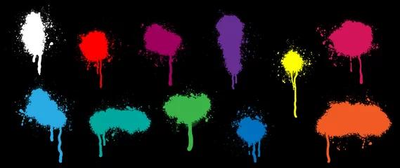 Fototapeten Graffiti Set of graffiti spray pattern. Collection of colorful dot, strokes and ink paints with spray texture and stencil. Elements on black background for banner, decoration, street art and ads.  © TWINS DESIGN STUDIO