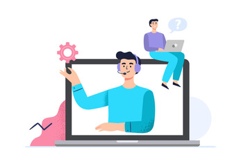 A man chat with to a personal assistant service at the laptop. Customer support and telemarketing agents. Online global technical support 24 7 concept. Vector flat illustration.