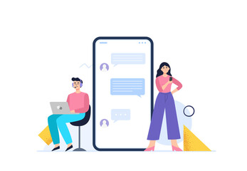 A woman chat with to a personal assistant service. Live chat operators. Customer support department staff, telemarketing agents. Online technical support 24 7 concept. Vector flat illustration.