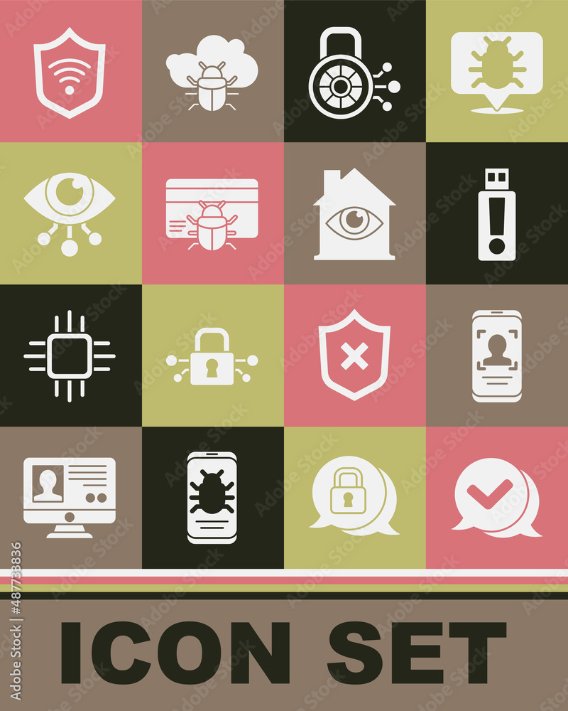 Poster set check mark in speech bubble, mobile and face recognition, usb flash drive, cyber security, syste