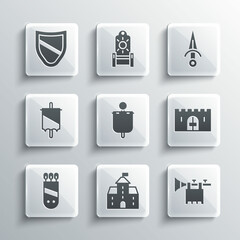 Set Castle, fortress, Trumpet with flag, Medieval castle gate, Quiver arrows, Shield and Dagger icon. Vector