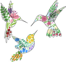 Beautiful birds flying. A set of birds with floral ornaments. Spring birds are flying. Line art vector illustration.
