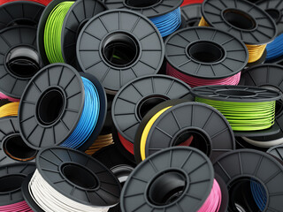 Stack of colorful 3D printer filaments. 3D illustration - obrazy, fototapety, plakaty