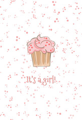 girl baby shower greeting card with pink muffin and text it's a girl