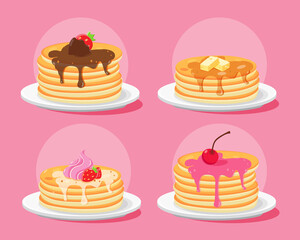 Set of four pancakes with toppings, vector illustration isolated on pink background.