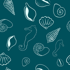Marine simple seamless pattern with a universal shell pattern on a green background. For any textile design, wallpaper or background. Vector for design.