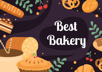 Bakery Shop That Sells Various Types of Bread such as White Bread, Pastry and Others All Baked in Flat Background for Poster Illustration