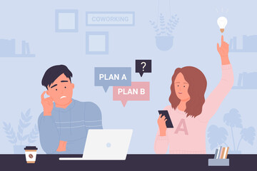 Managers choose right solution, think about choice of plan vector illustration. Cartoon man and woman employees sitting with laptop at desk on meeting, clever girl with new idea. Innovation concept