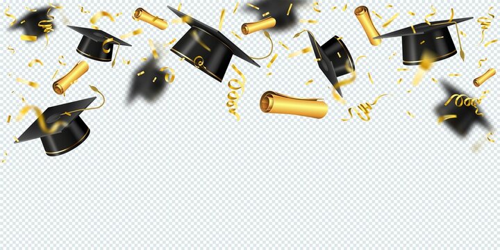 Realistic background with flying graduation caps, gold confetti and diploma. School or university students graduate ceremony vector banner