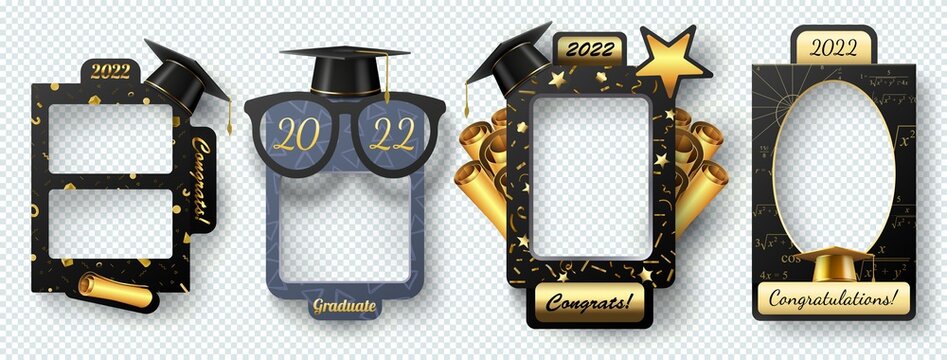 Graduation frames with academic caps, photo booth props. Graduate student class 2022. School graduation ceremony frame for selfie vector set
