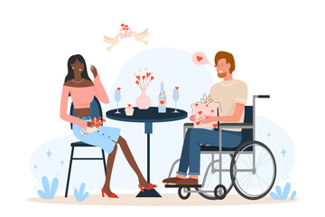 Disabled man celebrating valentine day with his african girlfriend. Romantic relationship and lovely adorable dating couple flat vector illustration