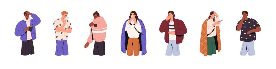 Sick people set. Men and women have flu, cold. Ill characters with influenza, virus symptoms, sore throat, running nose, fever, headache. Flat graphic vector illustrations isolated on white background