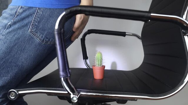 Concept. A man holds a cactus as a symbol of rectal pain. Varicose veins of the lower intestine. Pain in the rectum, hemorrhoids and pain in the excretory system of the body. Proctology