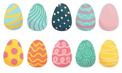 set of colorful decorative easter eggs with simple patterns, cute vector element in flat style isolated on white background