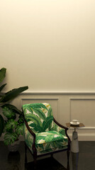 wall white with plant arm chair 3d render