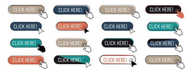 Click Here Button Set - Different Flat Vector Illustrations Isolated On White Background