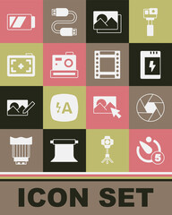 Set Camera timer, shutter, Battery for camera, Photo frame, and roll cartridge icon. Vector